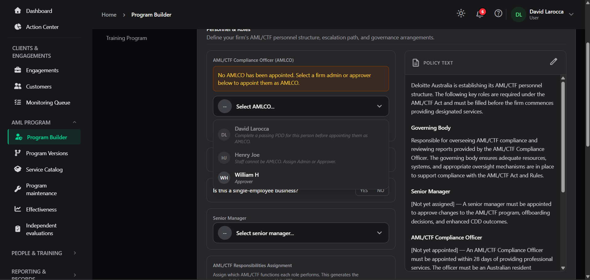The AMLCO picker in the Program Builder, showing ineligible members disabled with the reason stated.