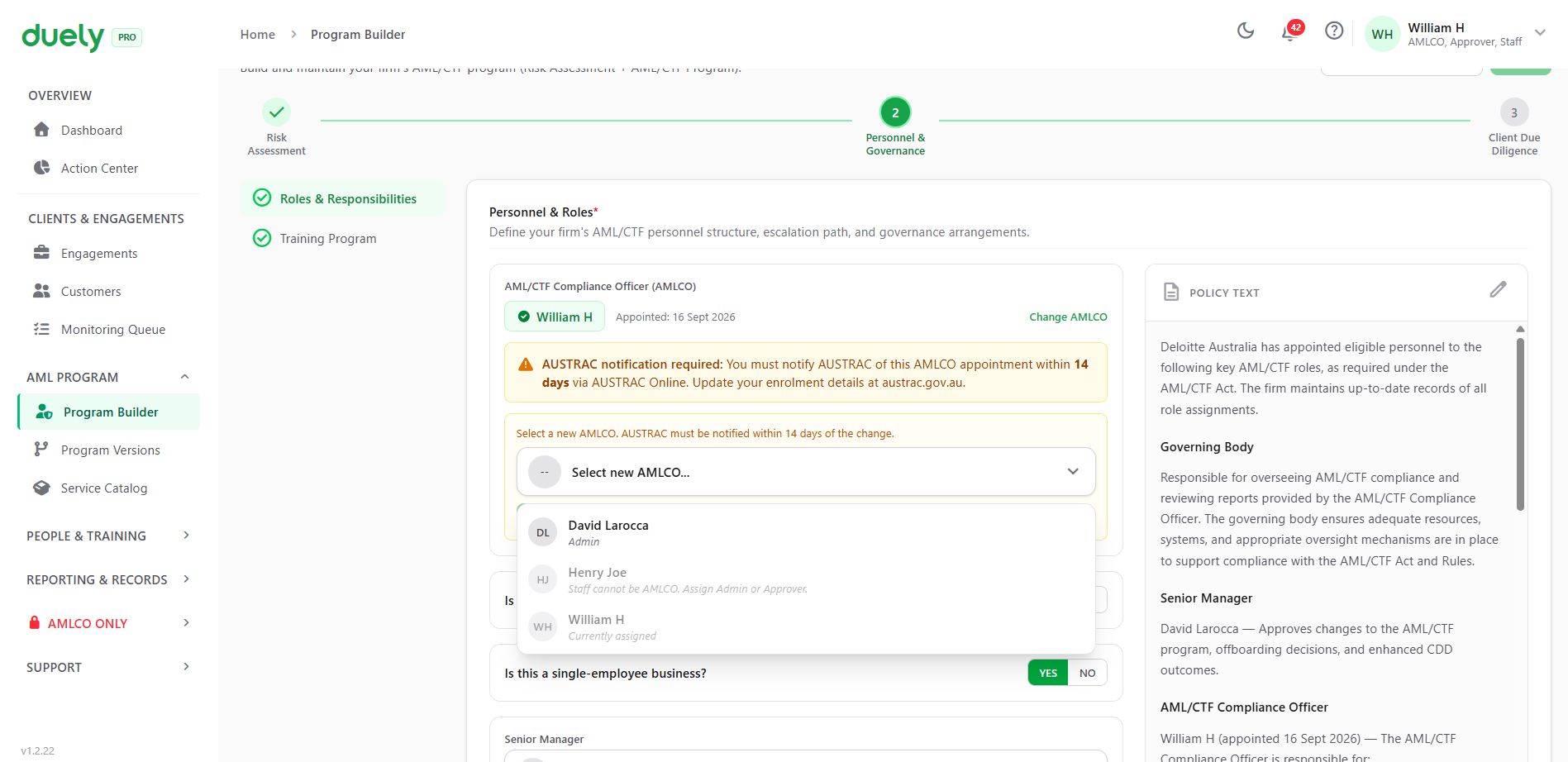 The AMLCO picker in the Program Builder, showing ineligible members disabled with the reason stated.