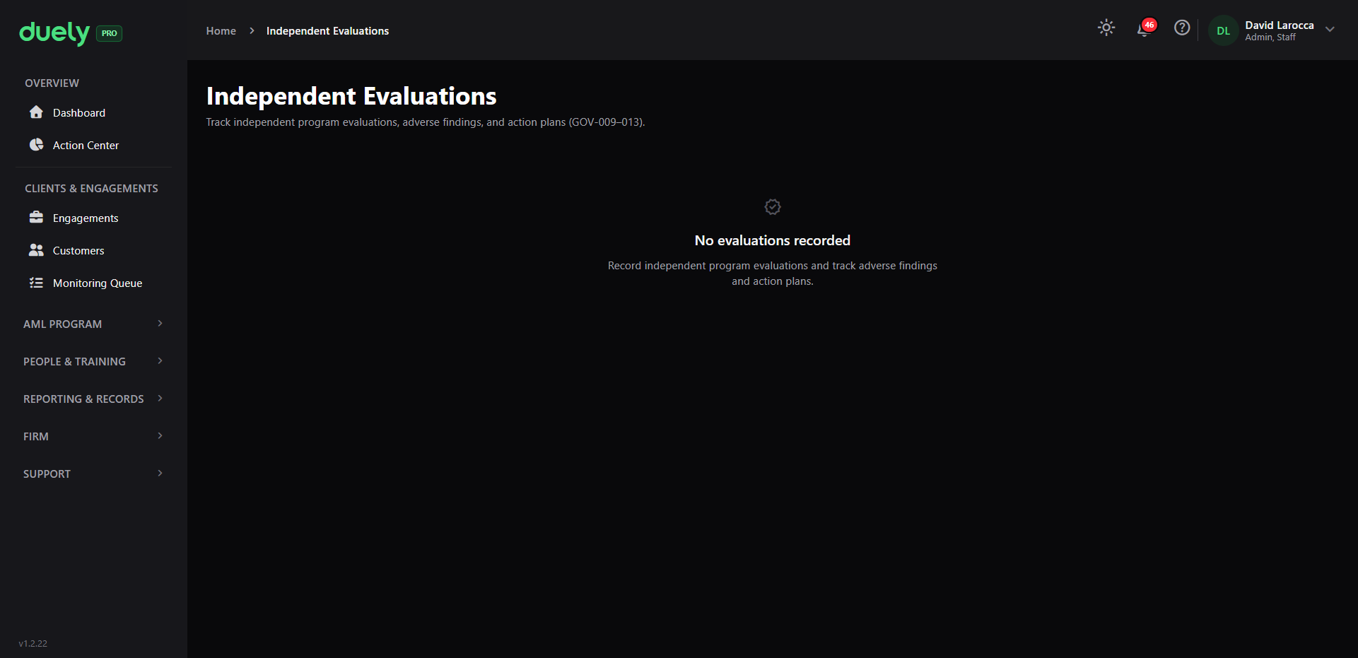 An independent evaluation record, showing the review outcome, any adverse findings, and the action plan.