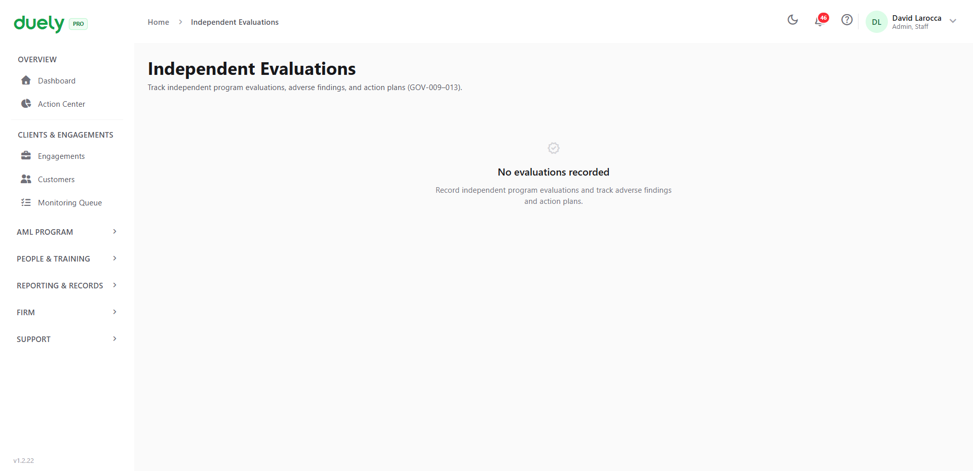 An independent evaluation record, showing the review outcome, any adverse findings, and the action plan.