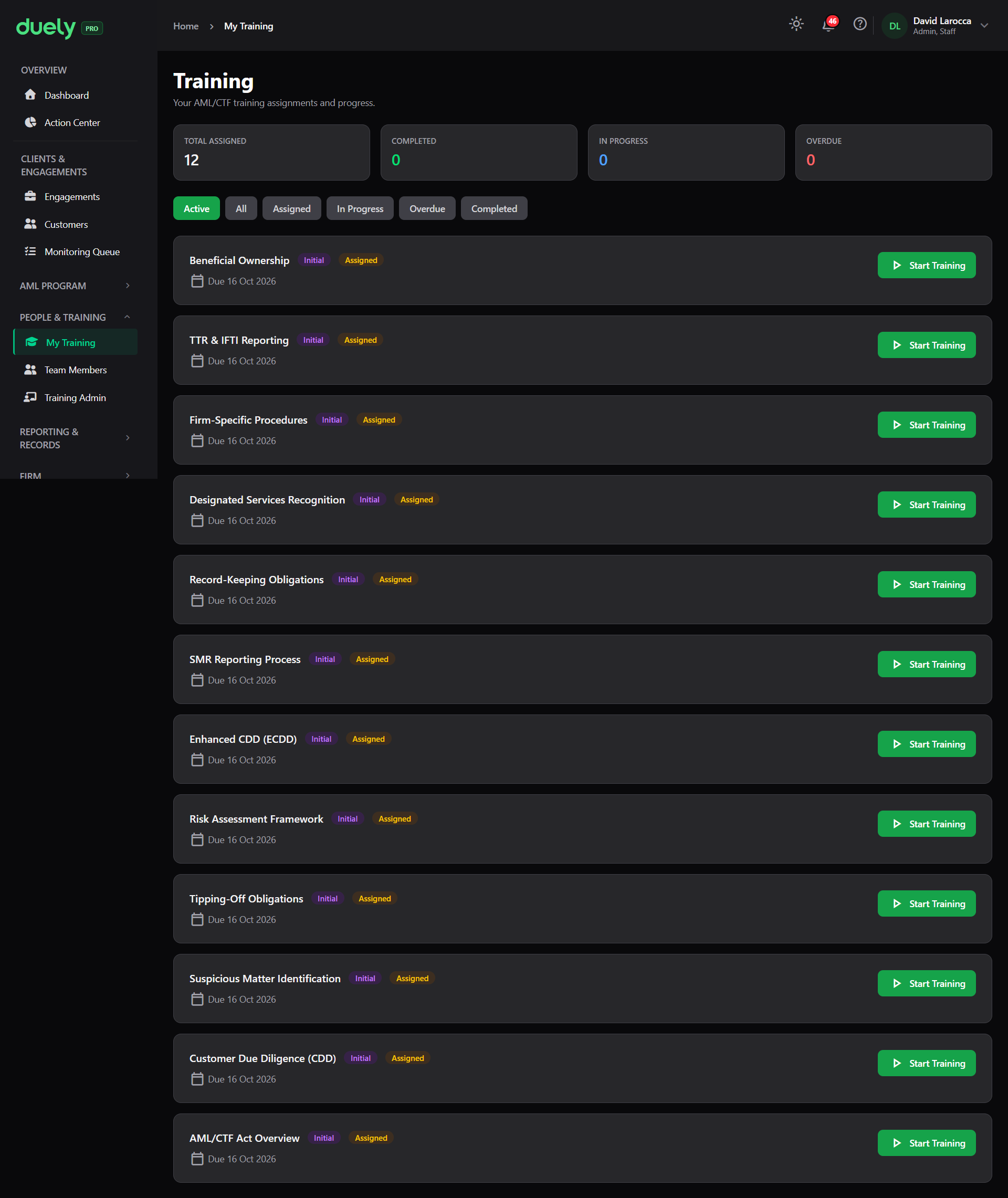 A staff member's own training view, showing assigned modules and completion status.