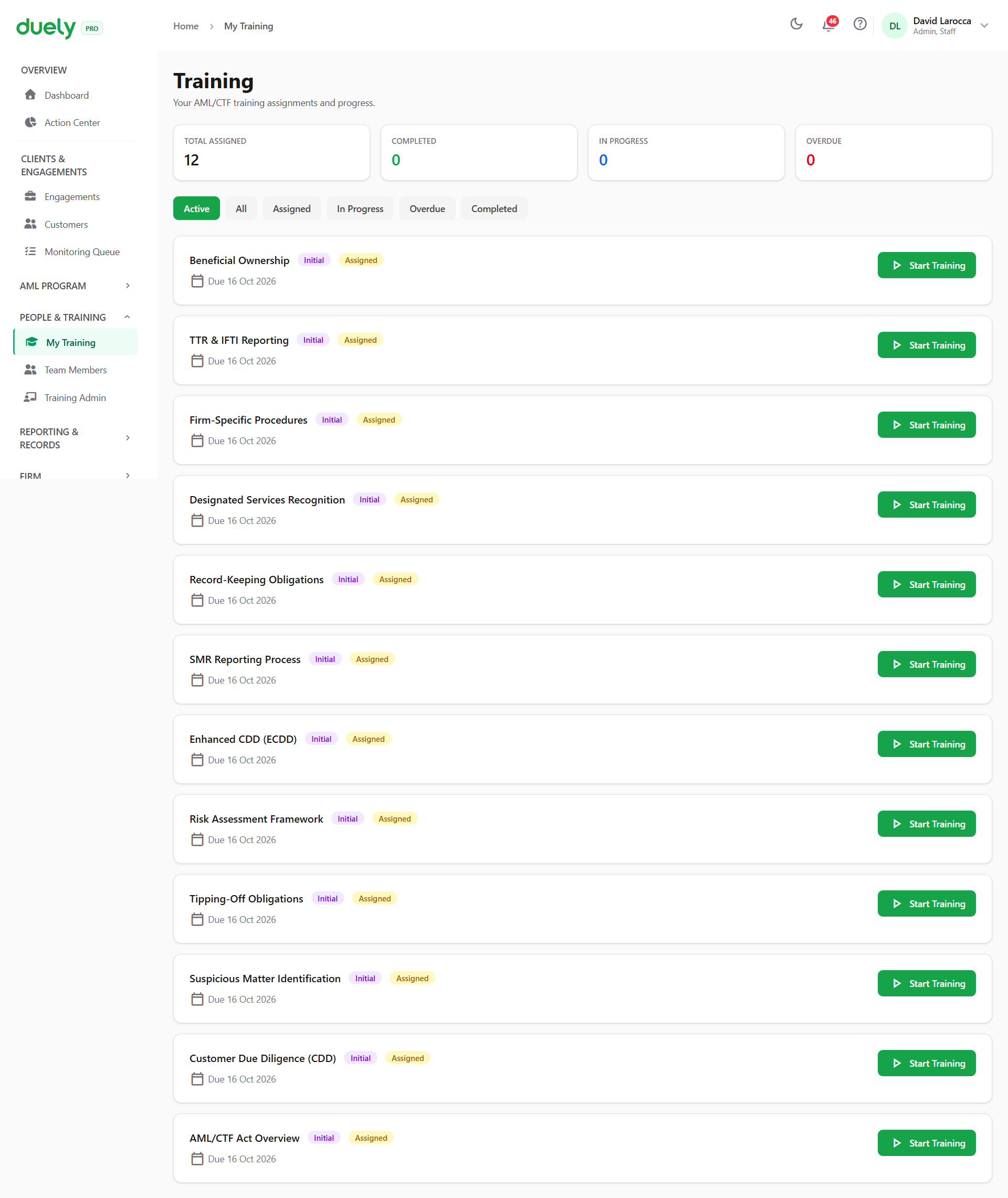 A staff member's own training view, showing assigned modules and completion status.