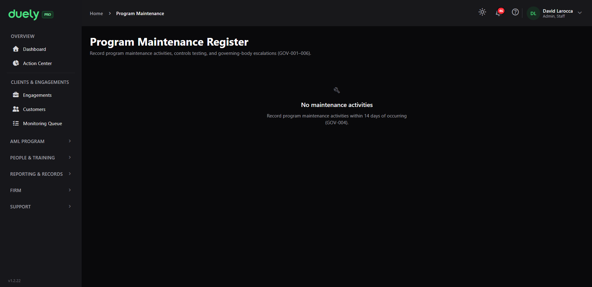 The program maintenance register, showing recorded changes with their capture dates.