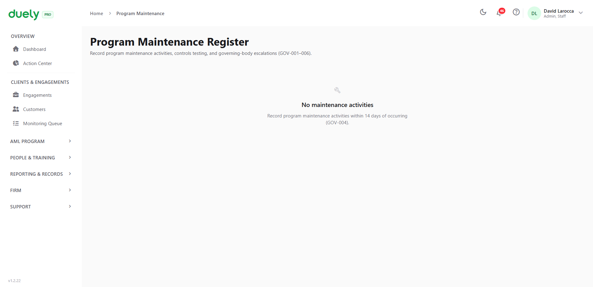 The program maintenance register, showing recorded changes with their capture dates.