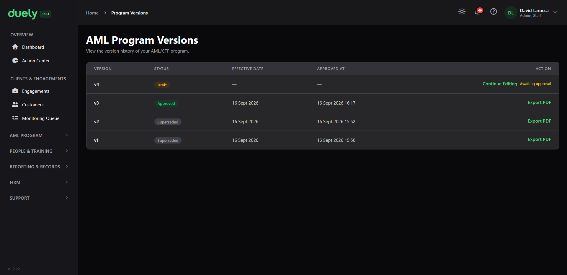 Program Versions in Duely, showing the approved version and its superseded history.