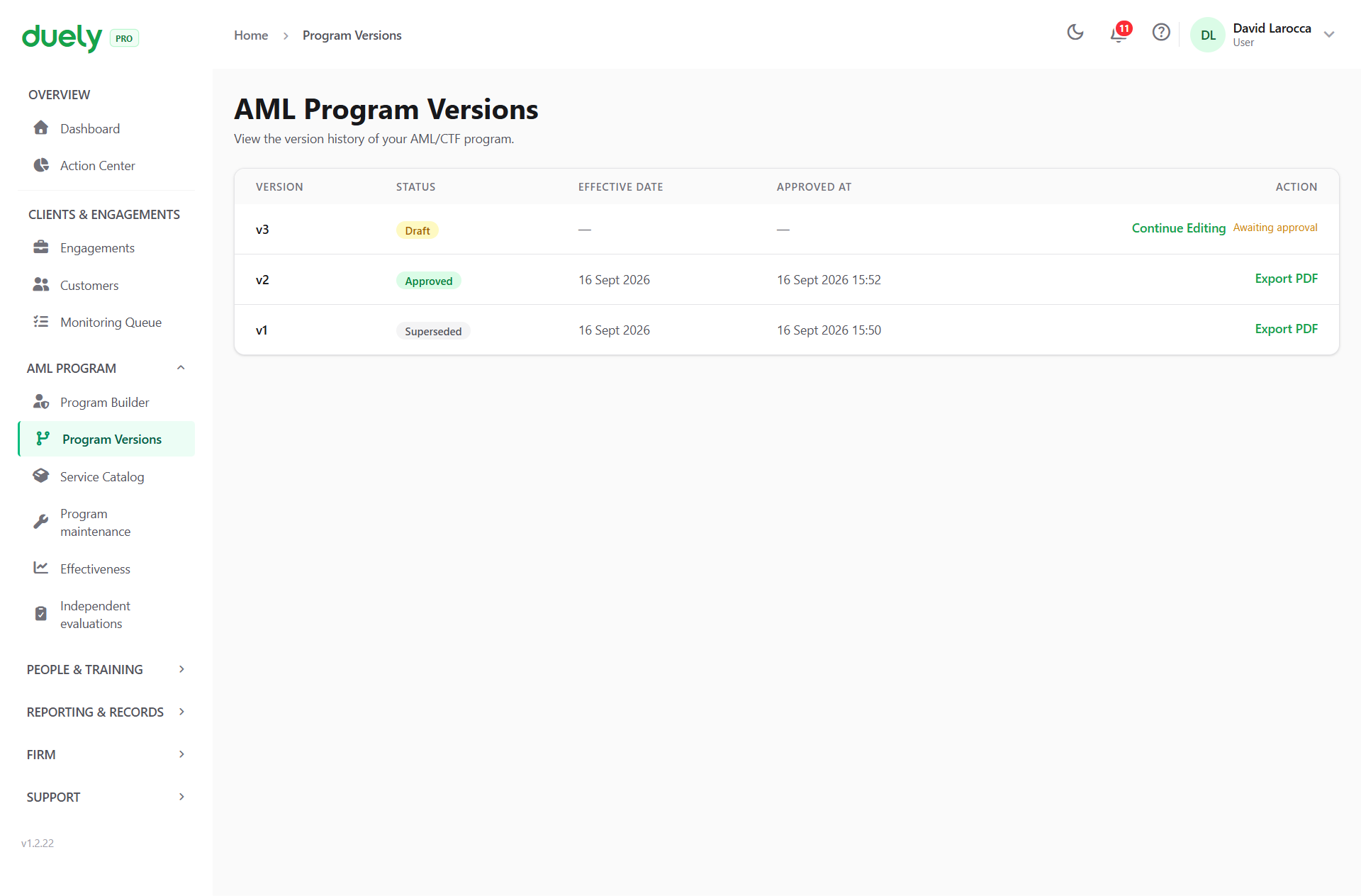 Program Versions in Duely, showing the approved version and its superseded history.