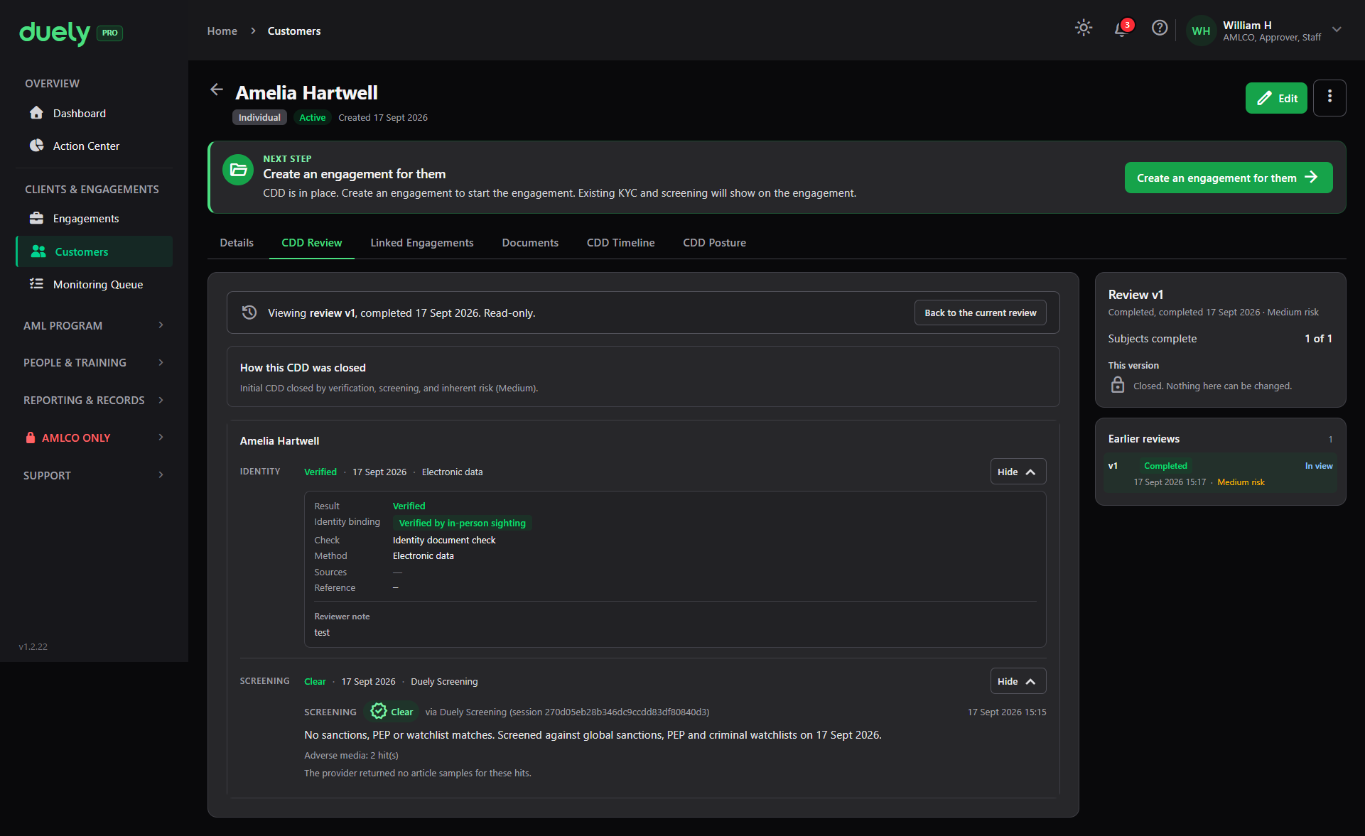 The CDD Review tab on a completed customer.