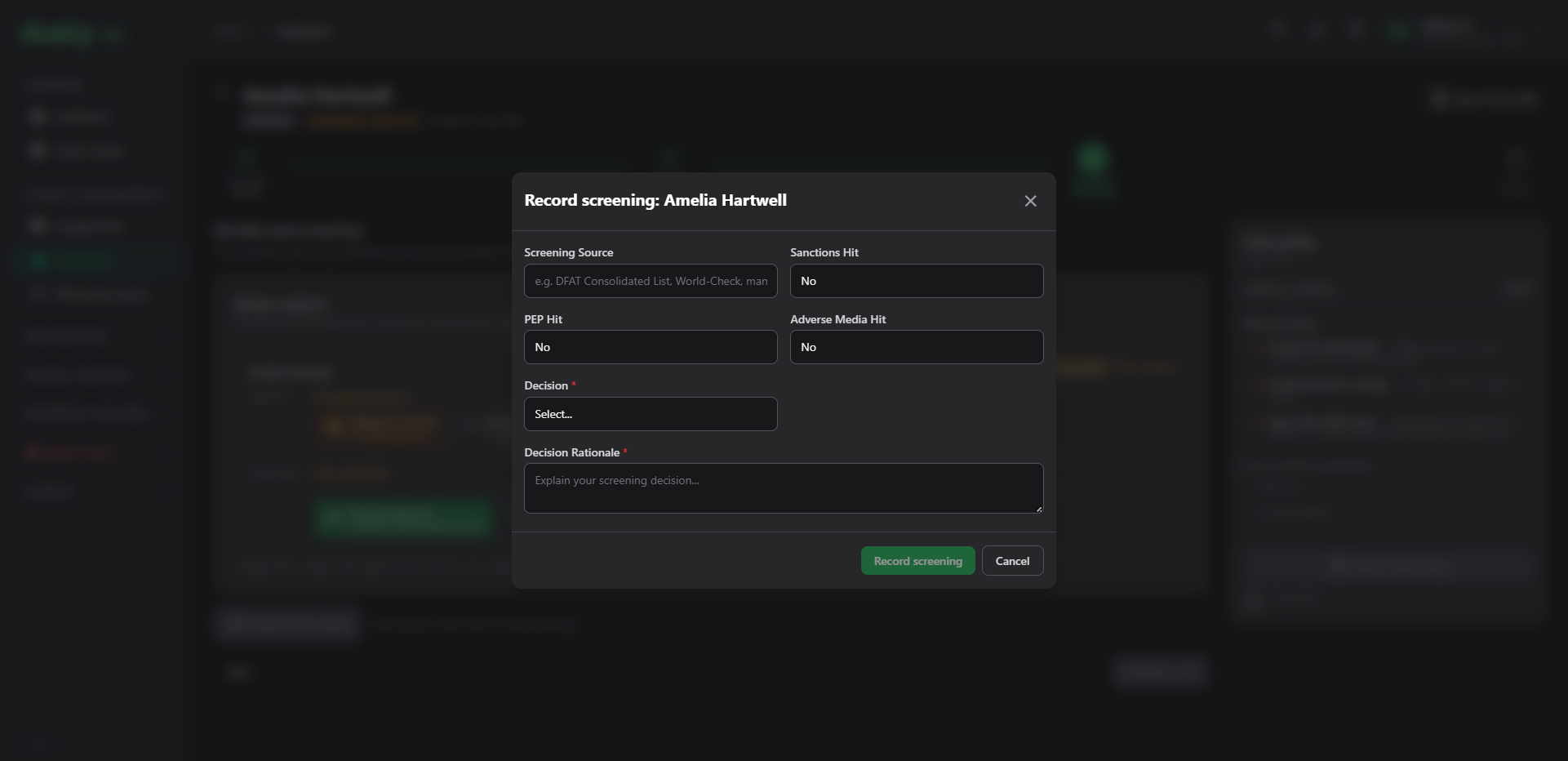 The Record screening dialog.