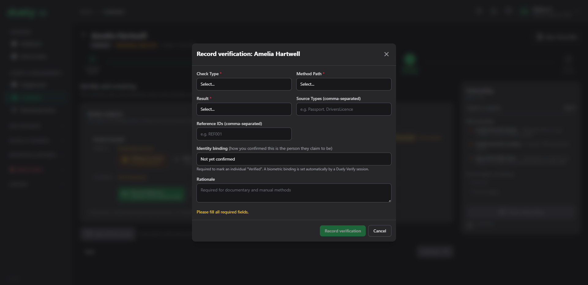 The Record verification dialog.