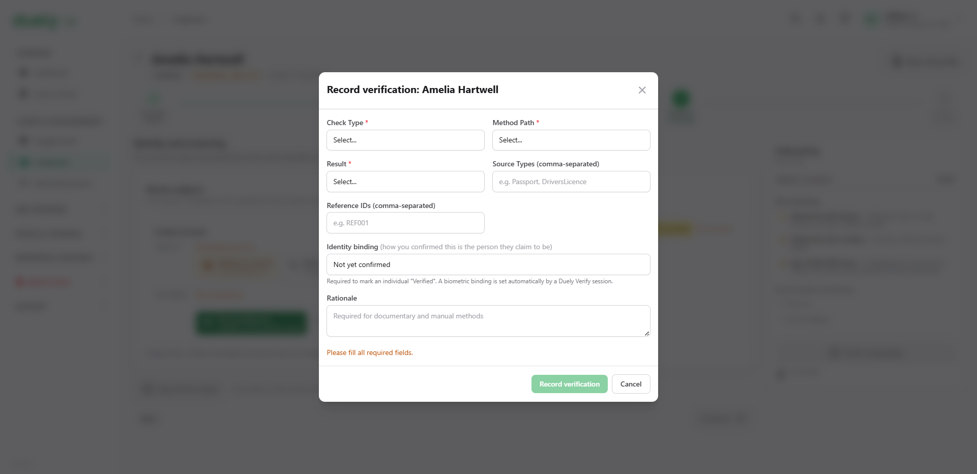 The Record verification dialog.