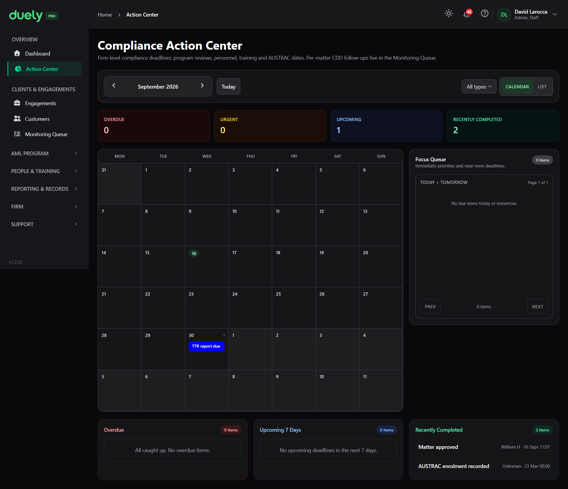 The Compliance Action Center, with the month view and the focus queue.