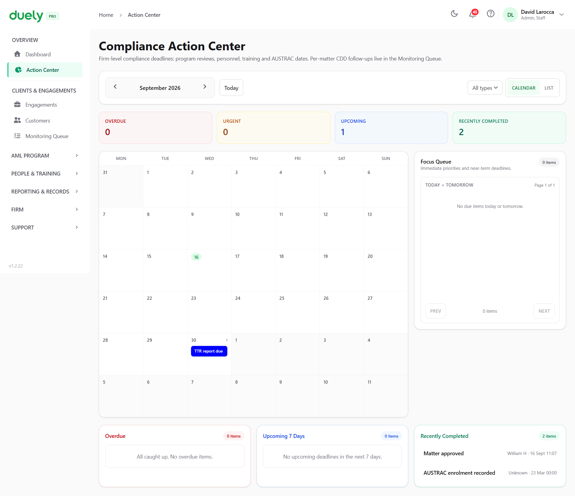 The Compliance Action Center, with the month view and the focus queue.