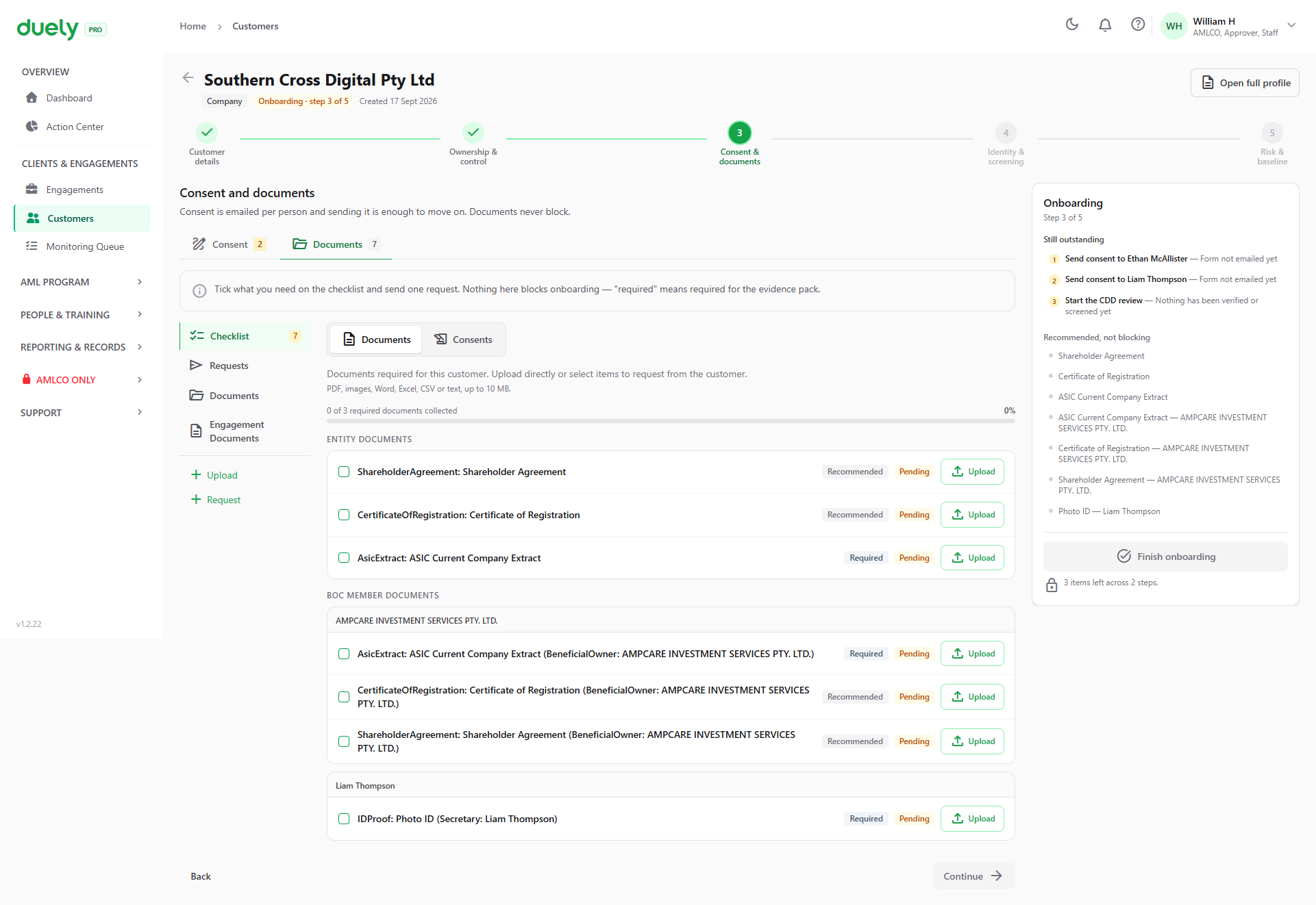 The Documents tab for a company, with documents grouped by party.