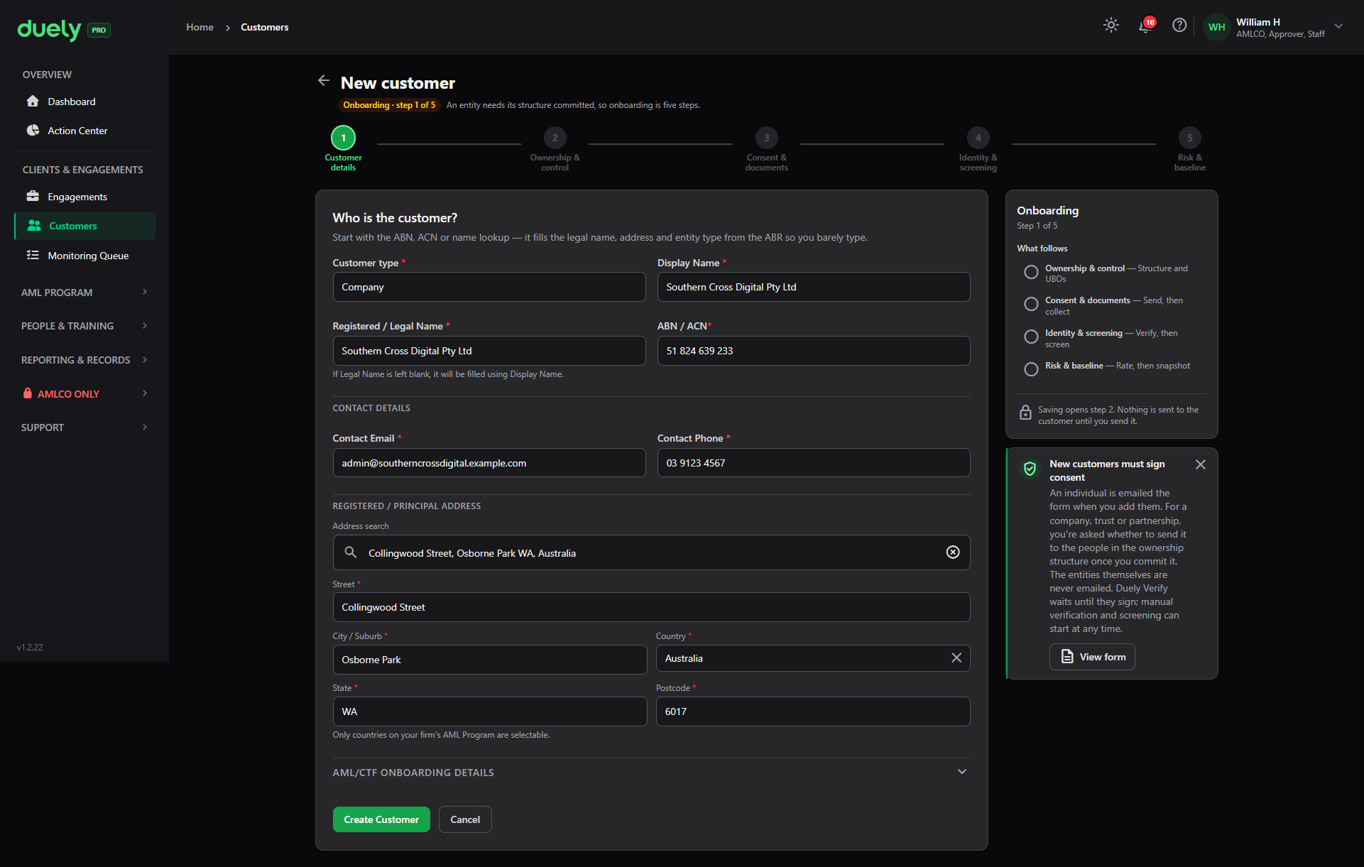 The form filled in for a company. An entity needs its structure committed, so onboarding is five steps.