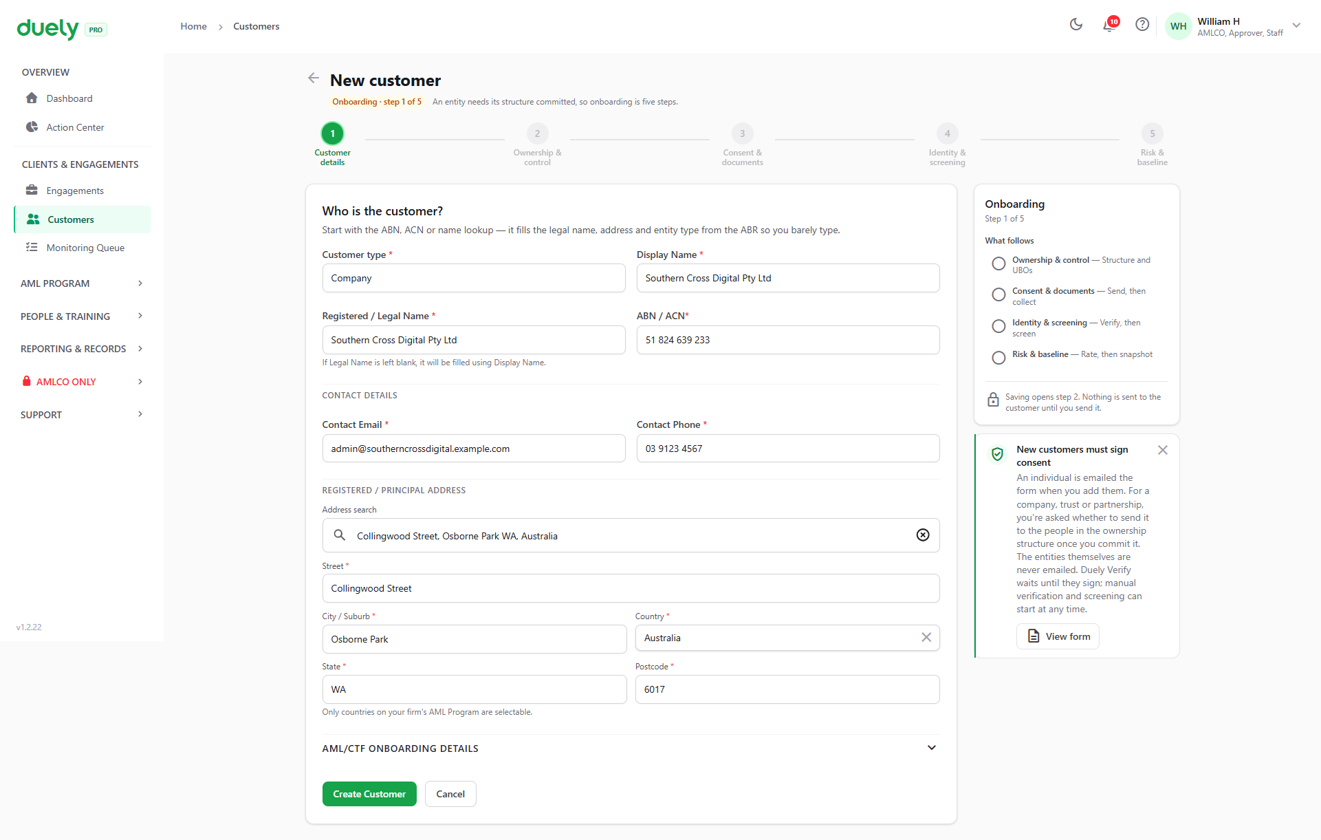 The form filled in for a company. An entity needs its structure committed, so onboarding is five steps.