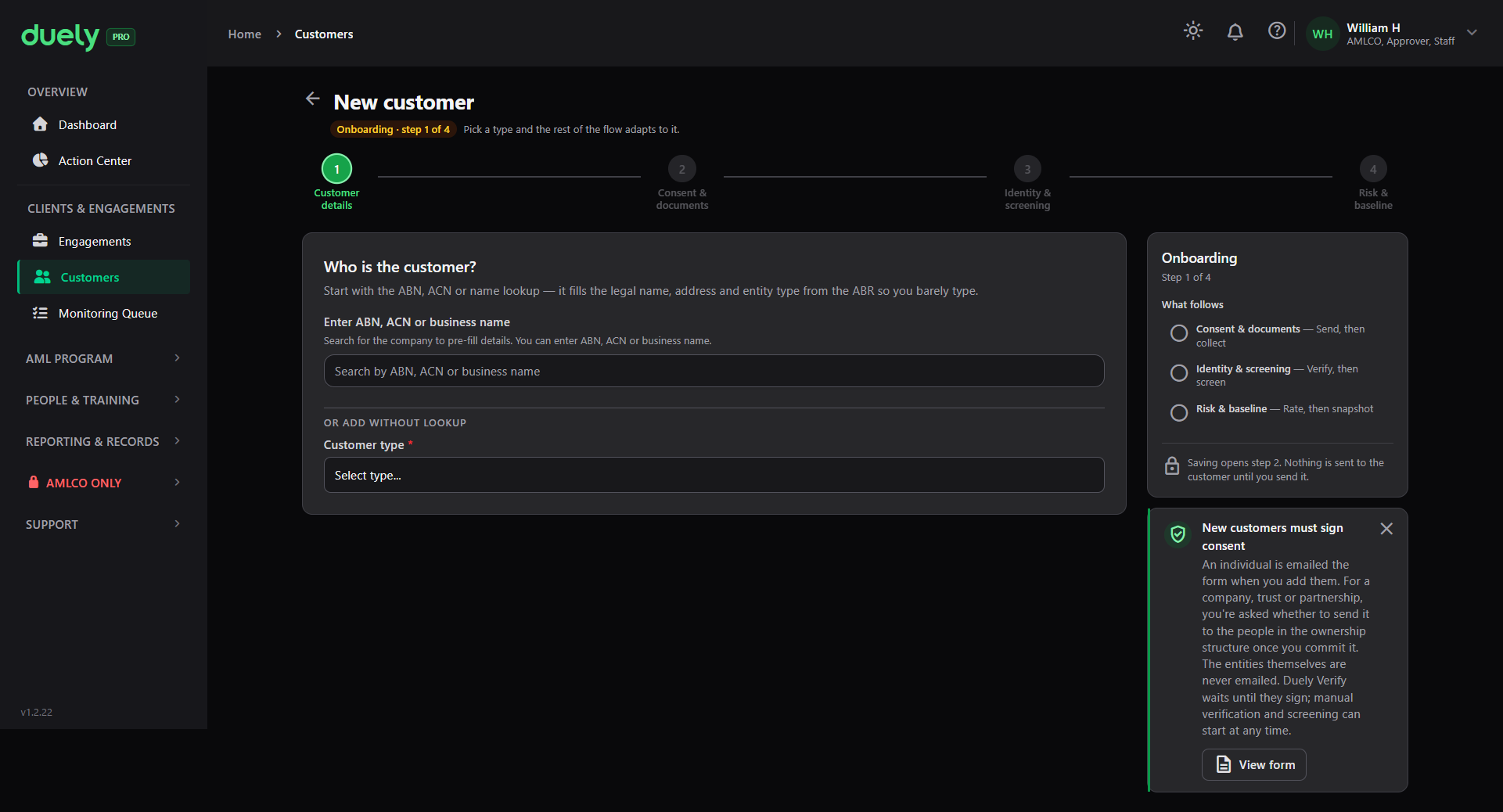 The create customer form, step 1 of 4, before anything is entered.