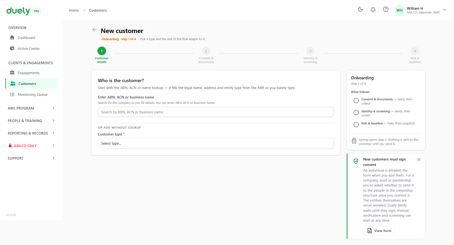 The create customer form, step 1 of 4, before anything is entered.