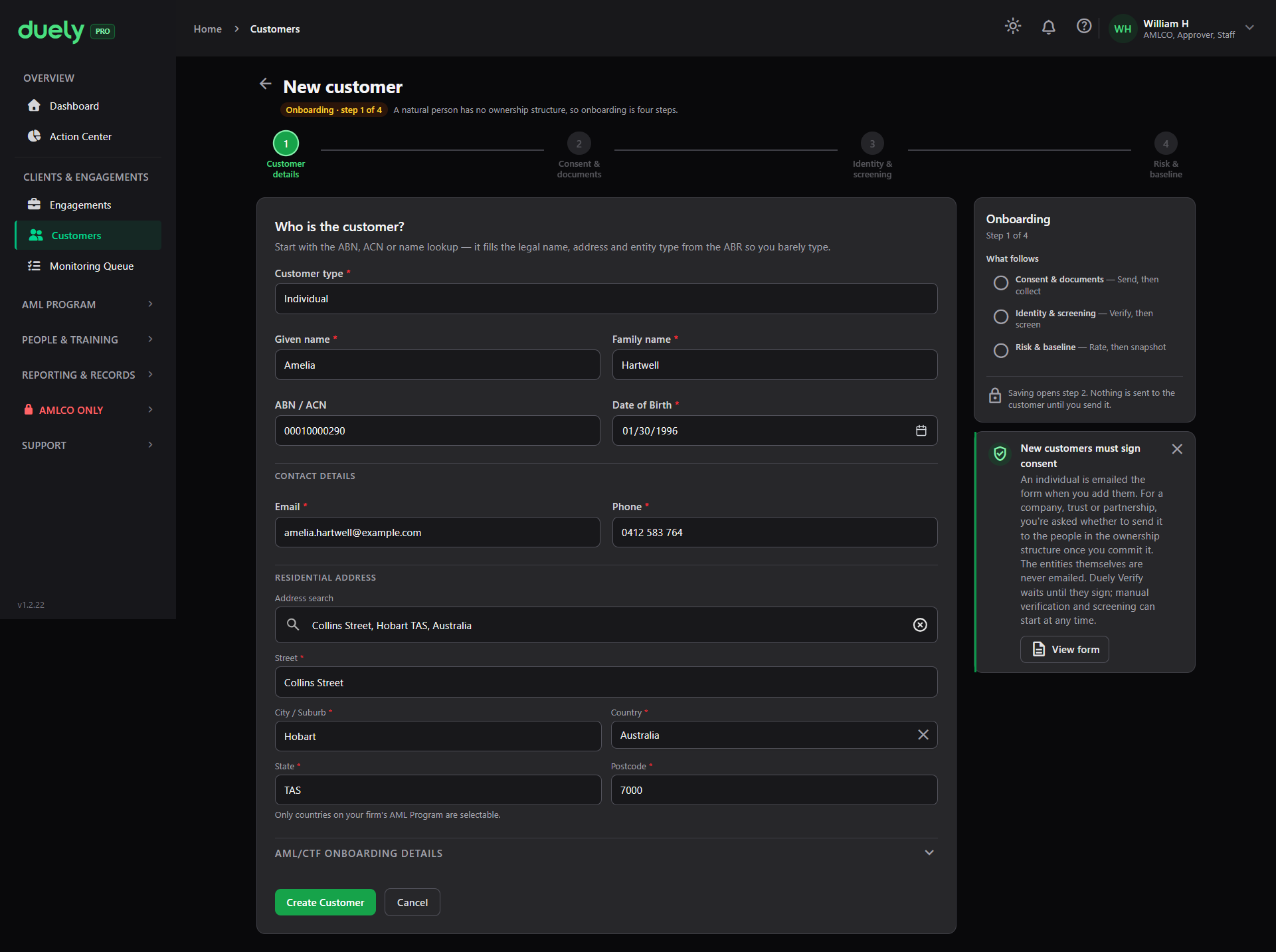 The form filled in for an individual. A natural person has no ownership step, so onboarding is four steps.