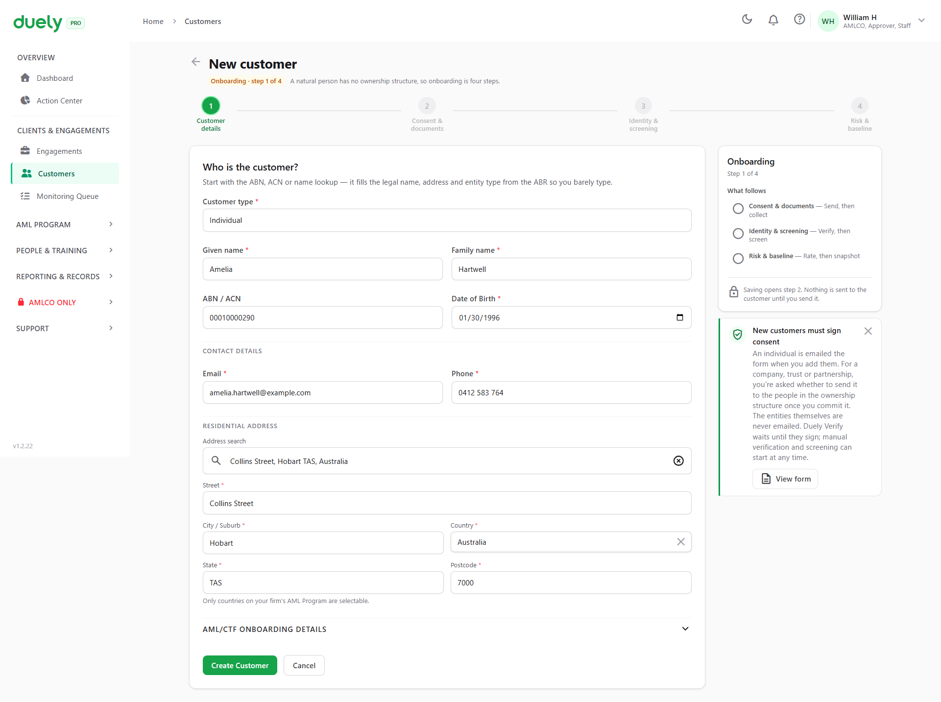 The form filled in for an individual. A natural person has no ownership step, so onboarding is four steps.