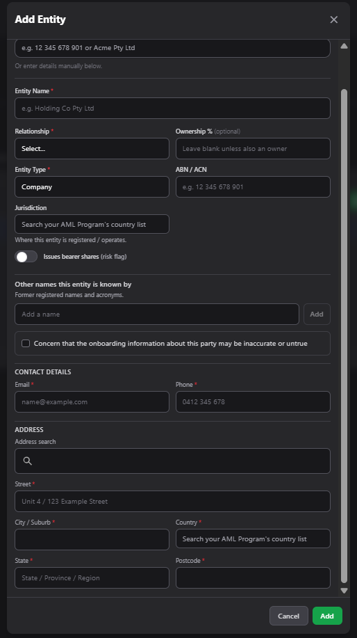 The Add Entity dialog.