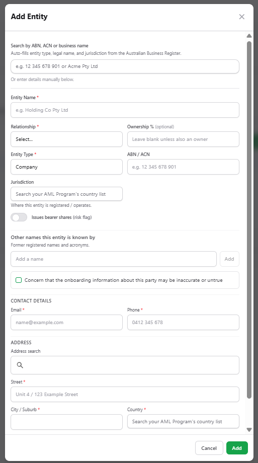 The Add Entity dialog.