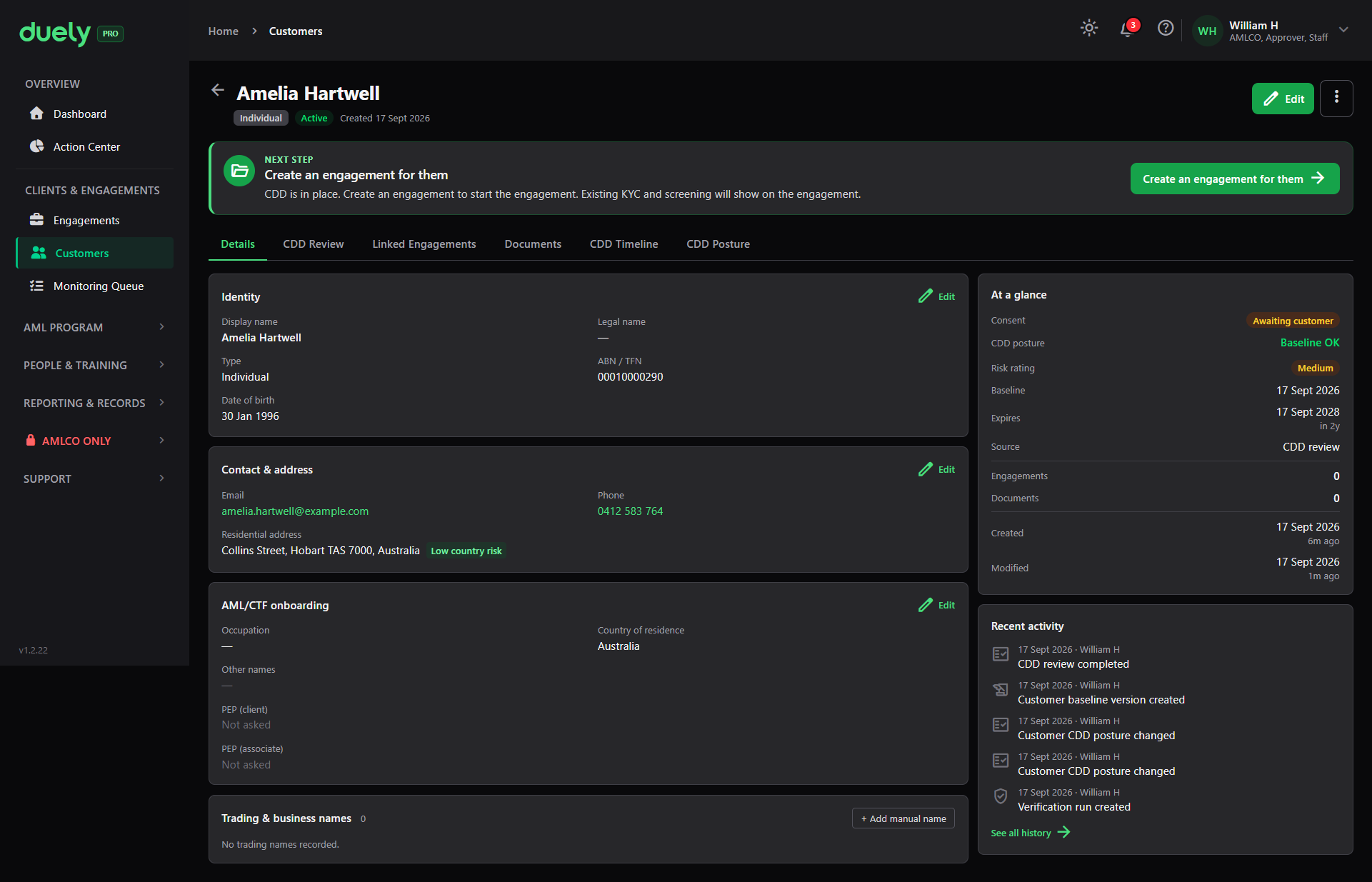 A completed customer record on the Details tab.