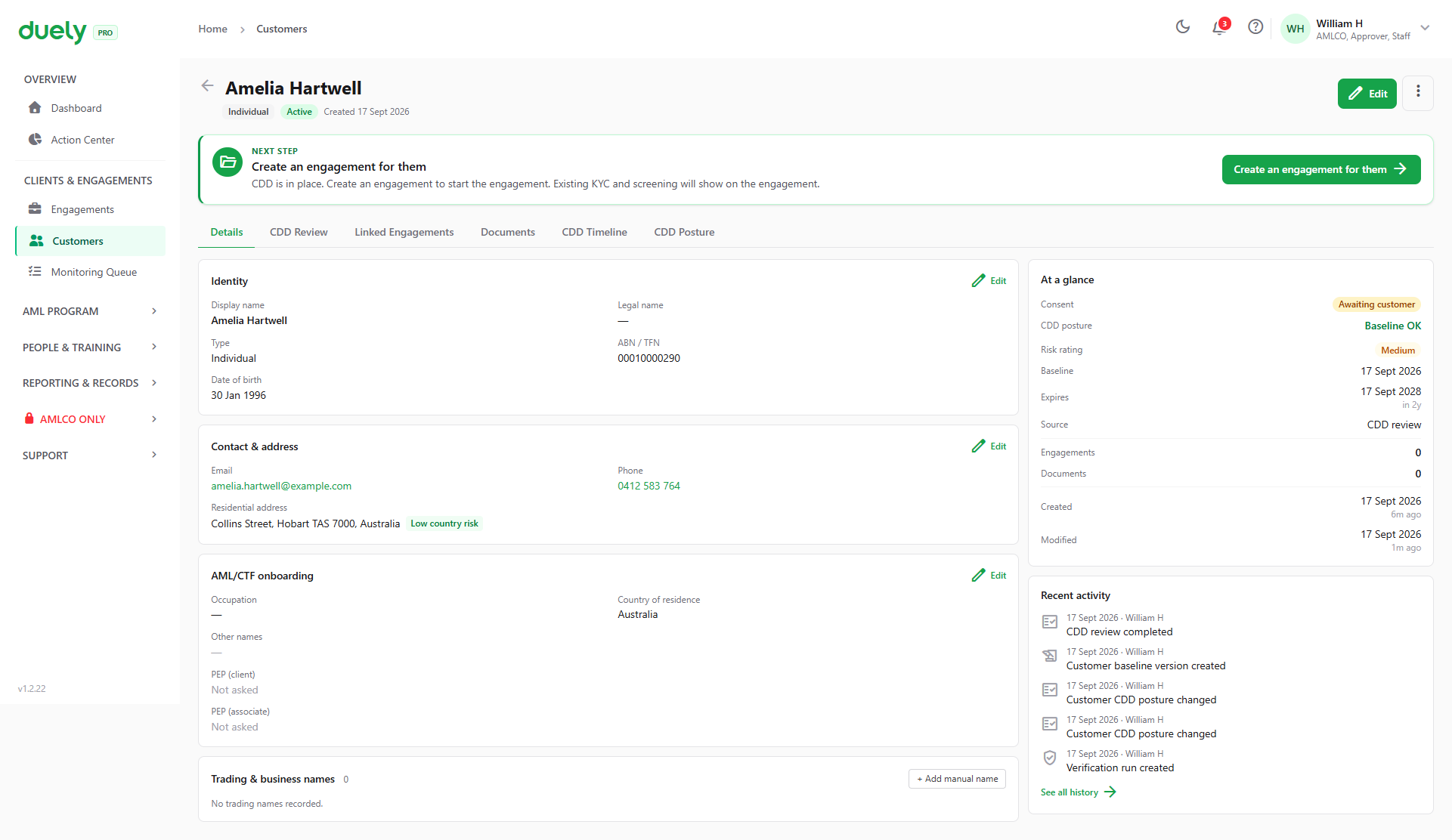 A completed customer record on the Details tab.