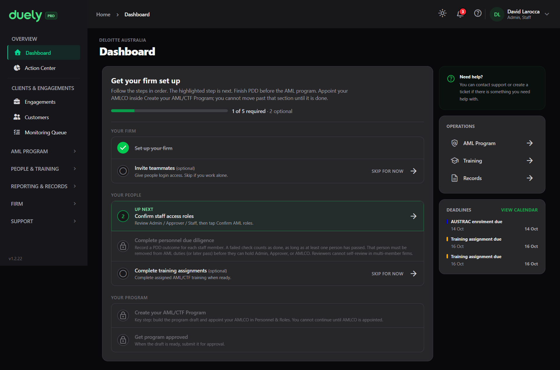 The dashboard of a new firm, showing the setup path before the program is approved.