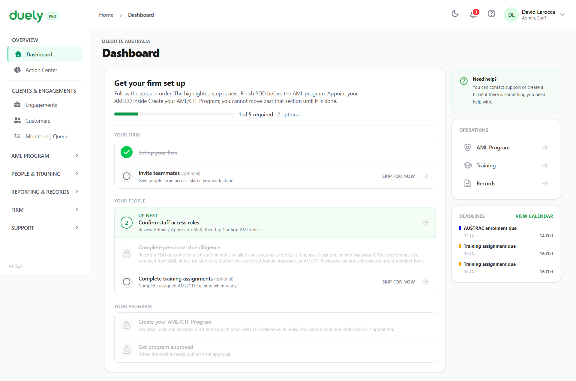 The dashboard of a new firm, showing the setup path before the program is approved.