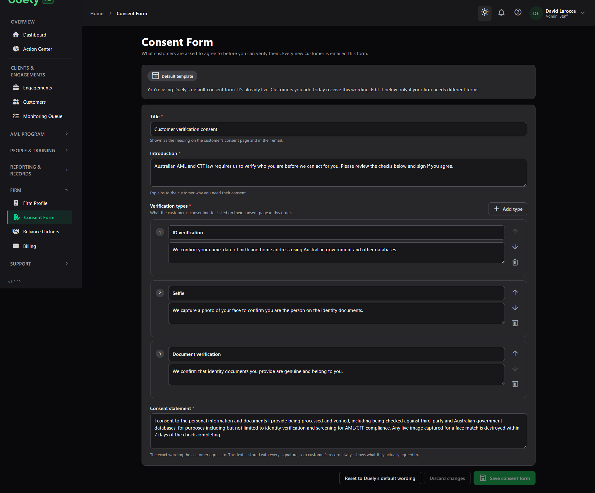 The Consent Form settings.