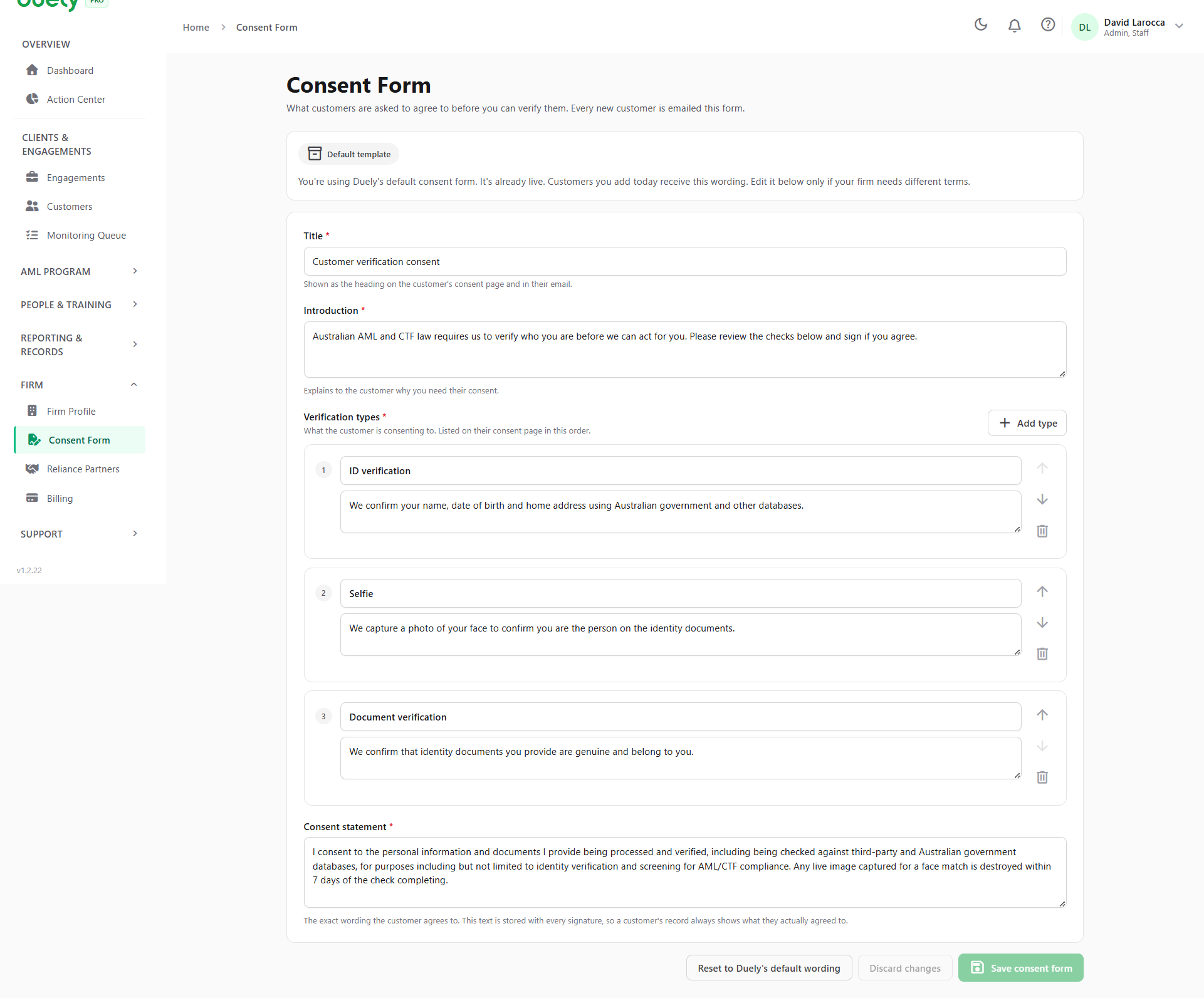 The Consent Form settings.