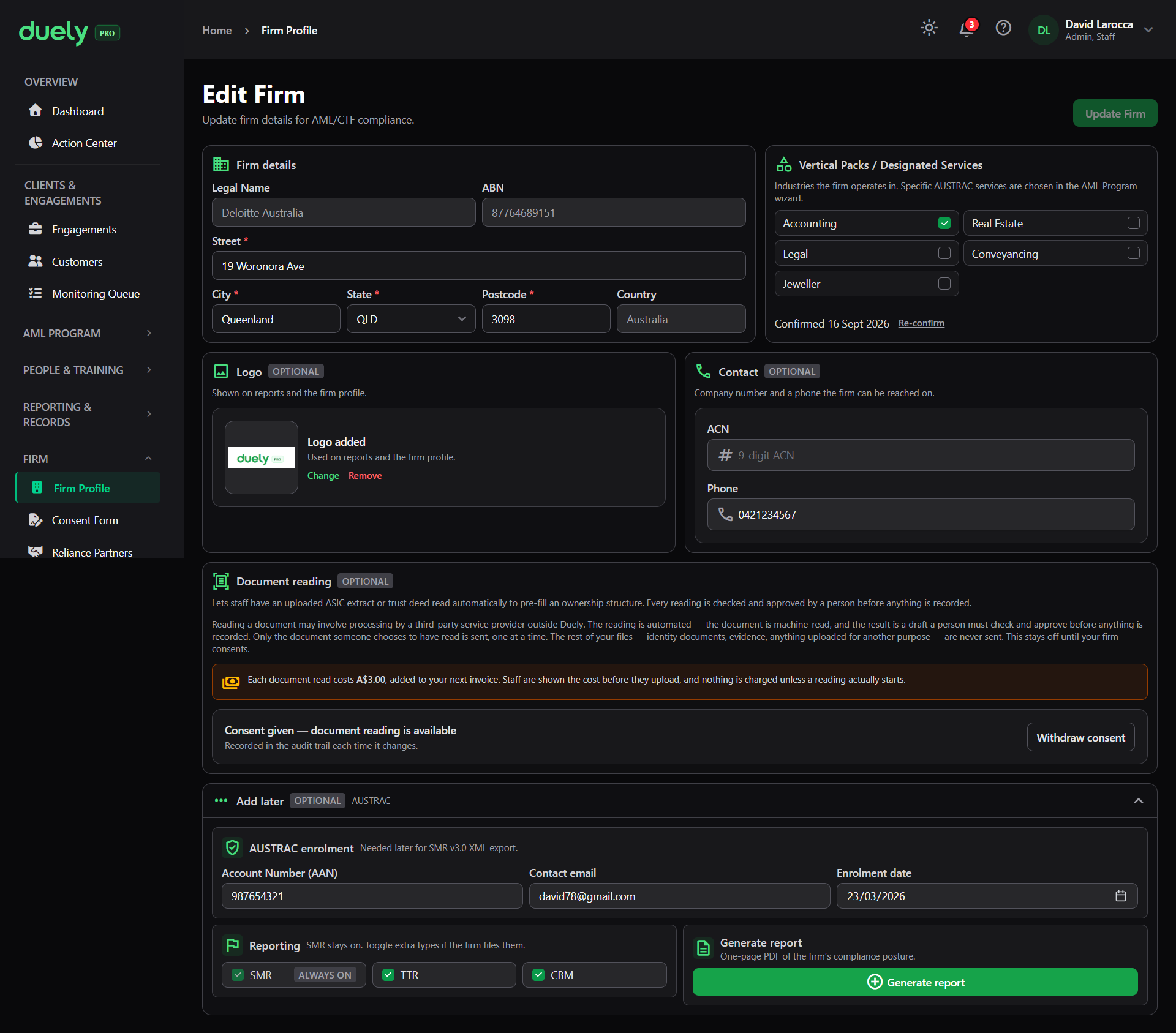 Firm Profile in Duely, where legal name, ABN, address and AUSTRAC enrolment details are recorded.