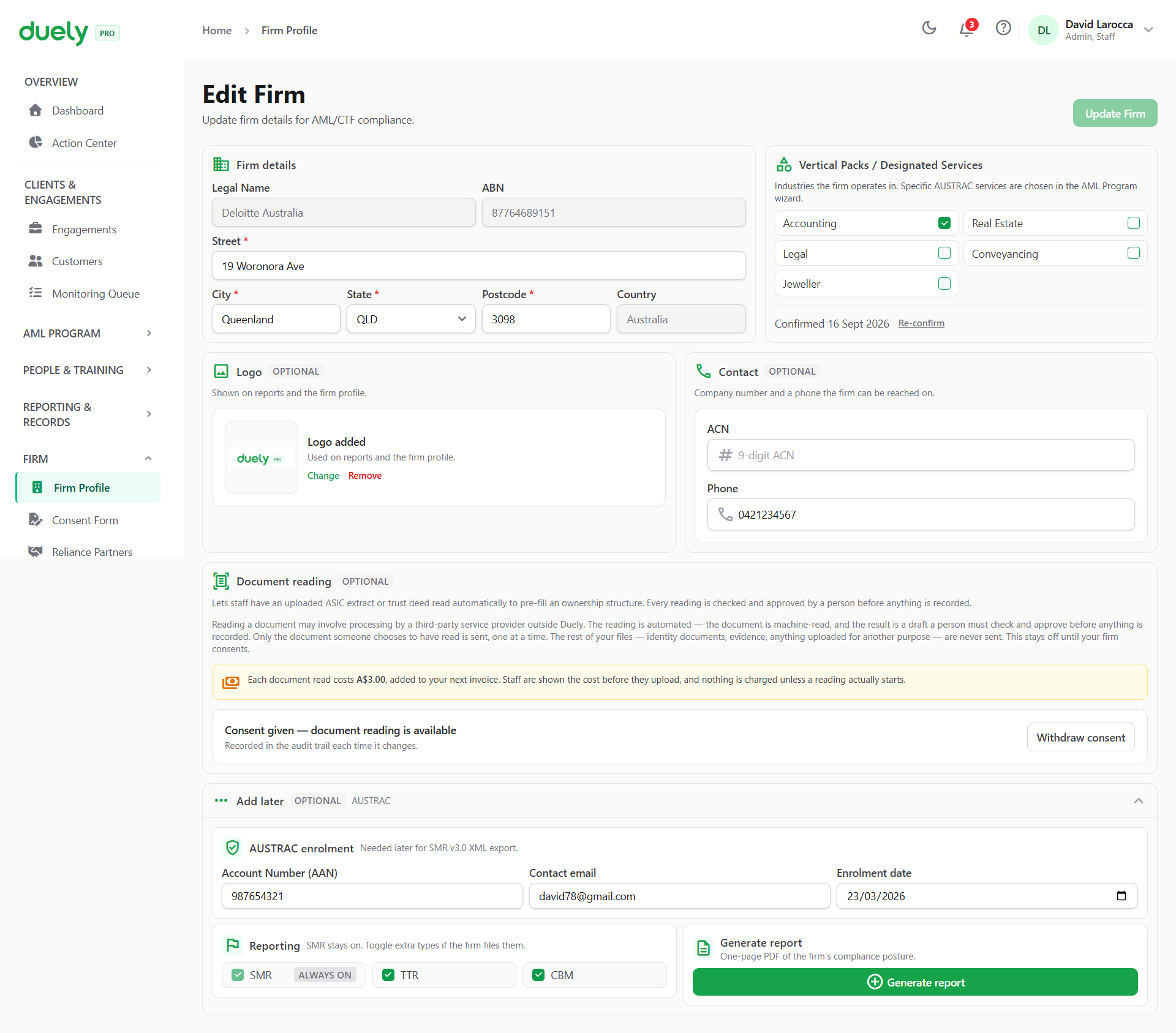 Firm Profile in Duely, where legal name, ABN, address and AUSTRAC enrolment details are recorded.