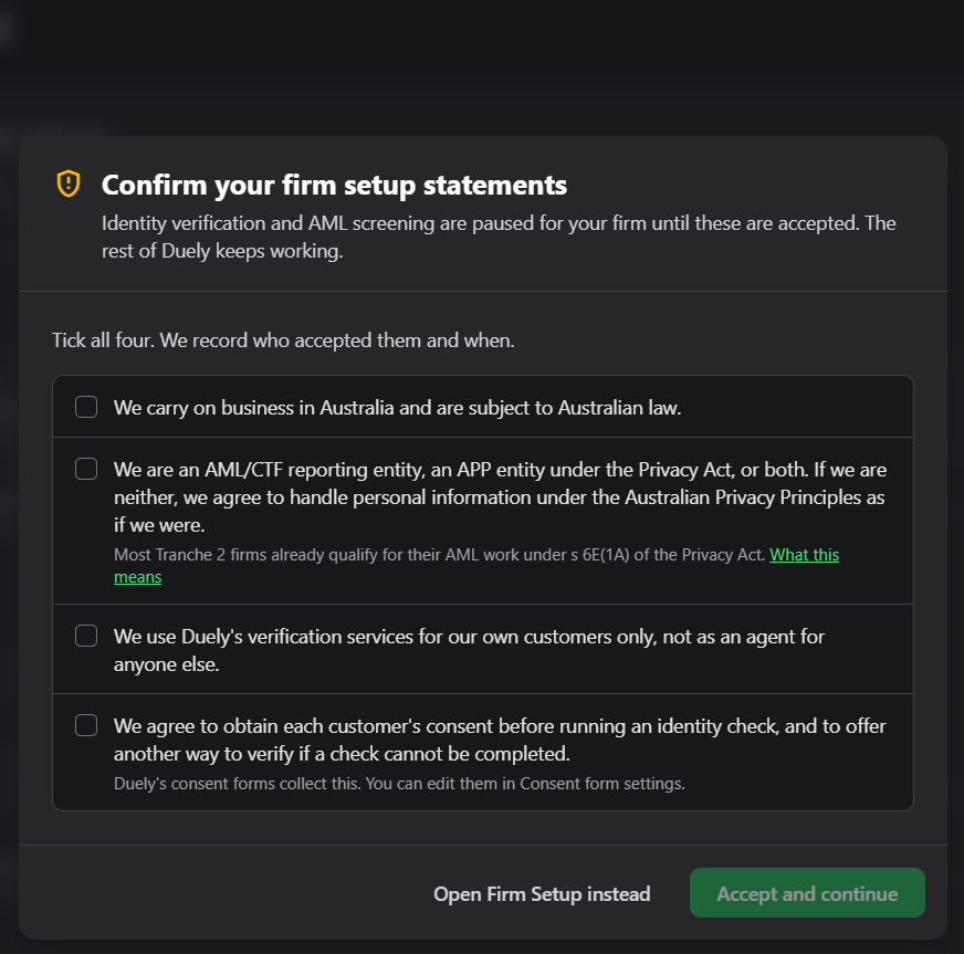 The Confirm your firm setup statements dialog.