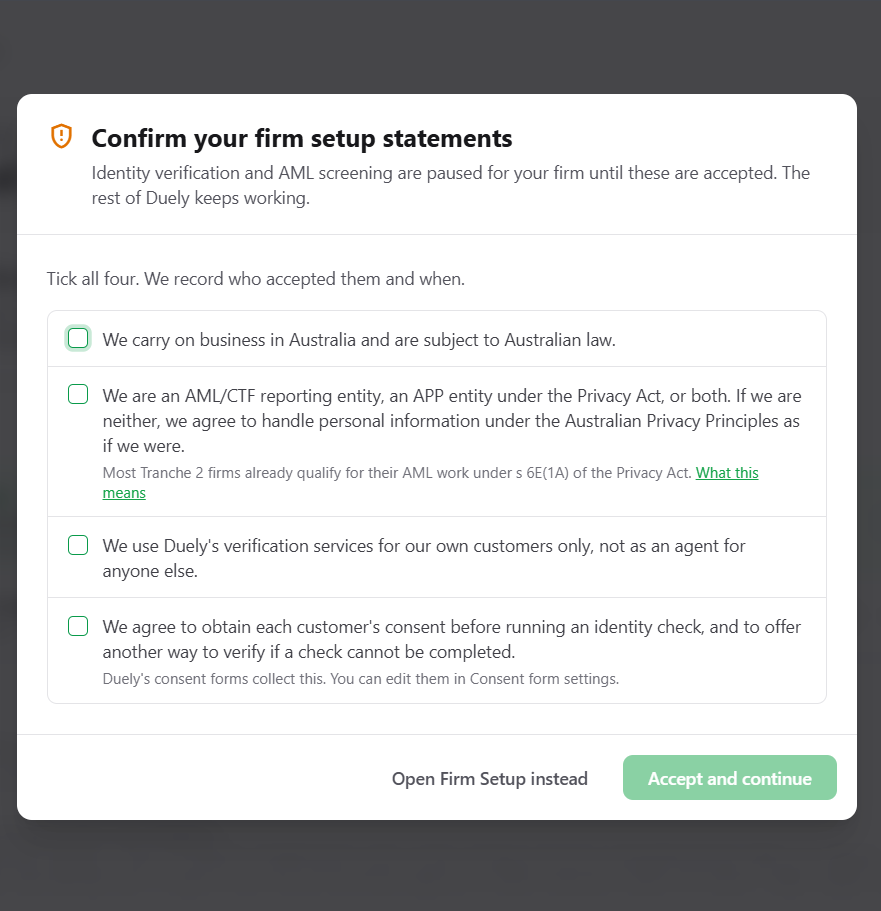 The Confirm your firm setup statements dialog.