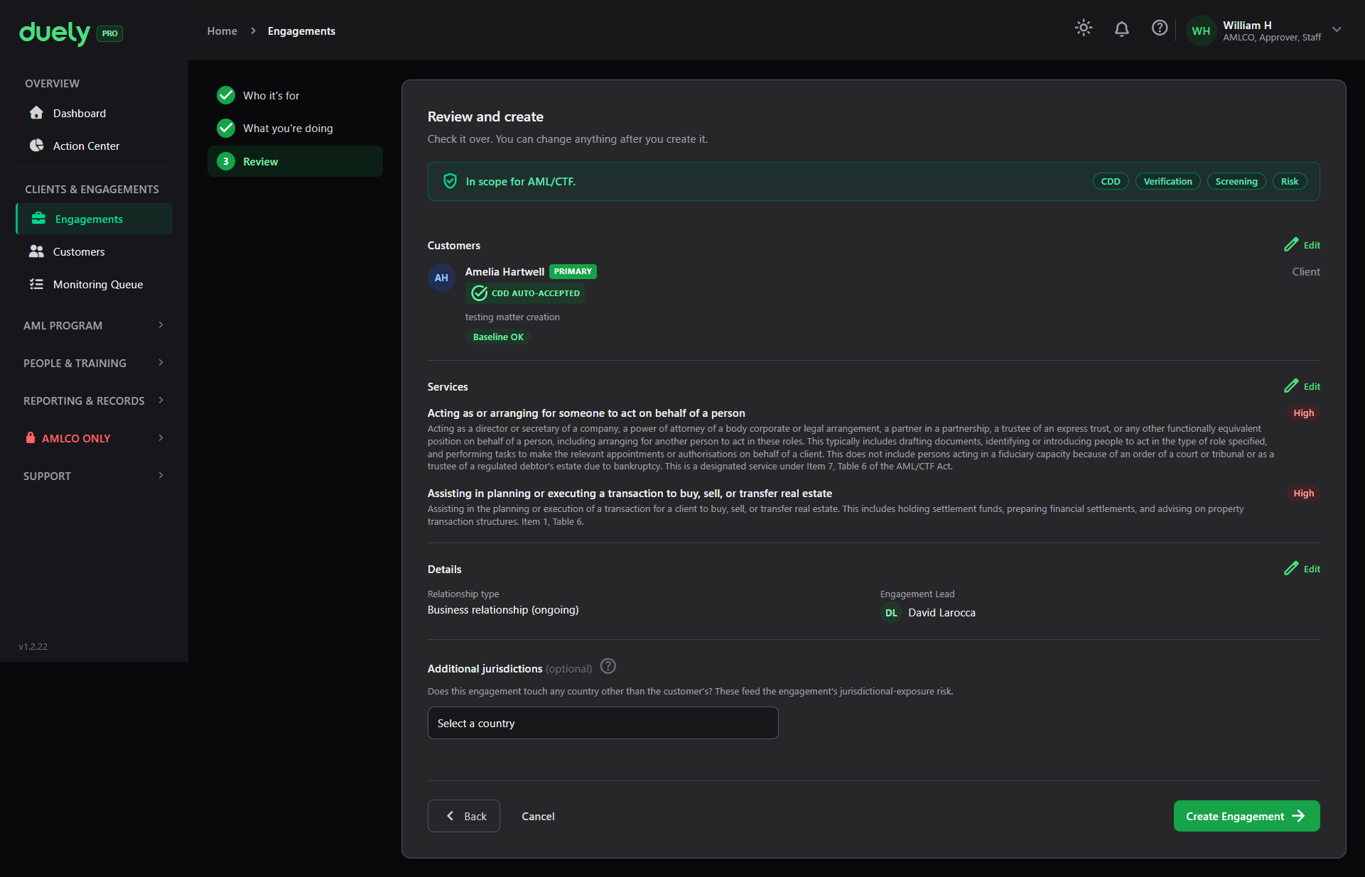 Step 3, Review and create, for an in-scope engagement.