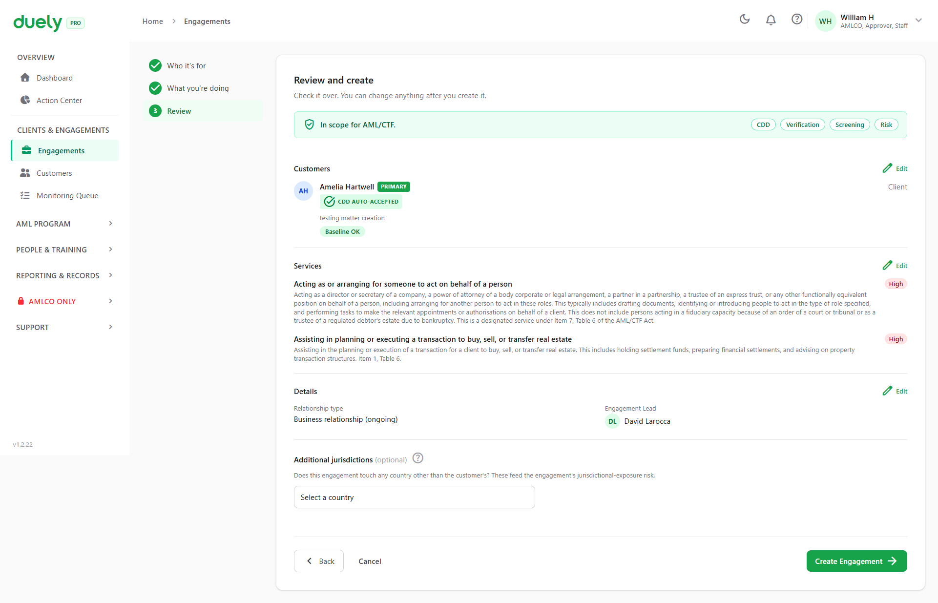 Step 3, Review and create, for an in-scope engagement.