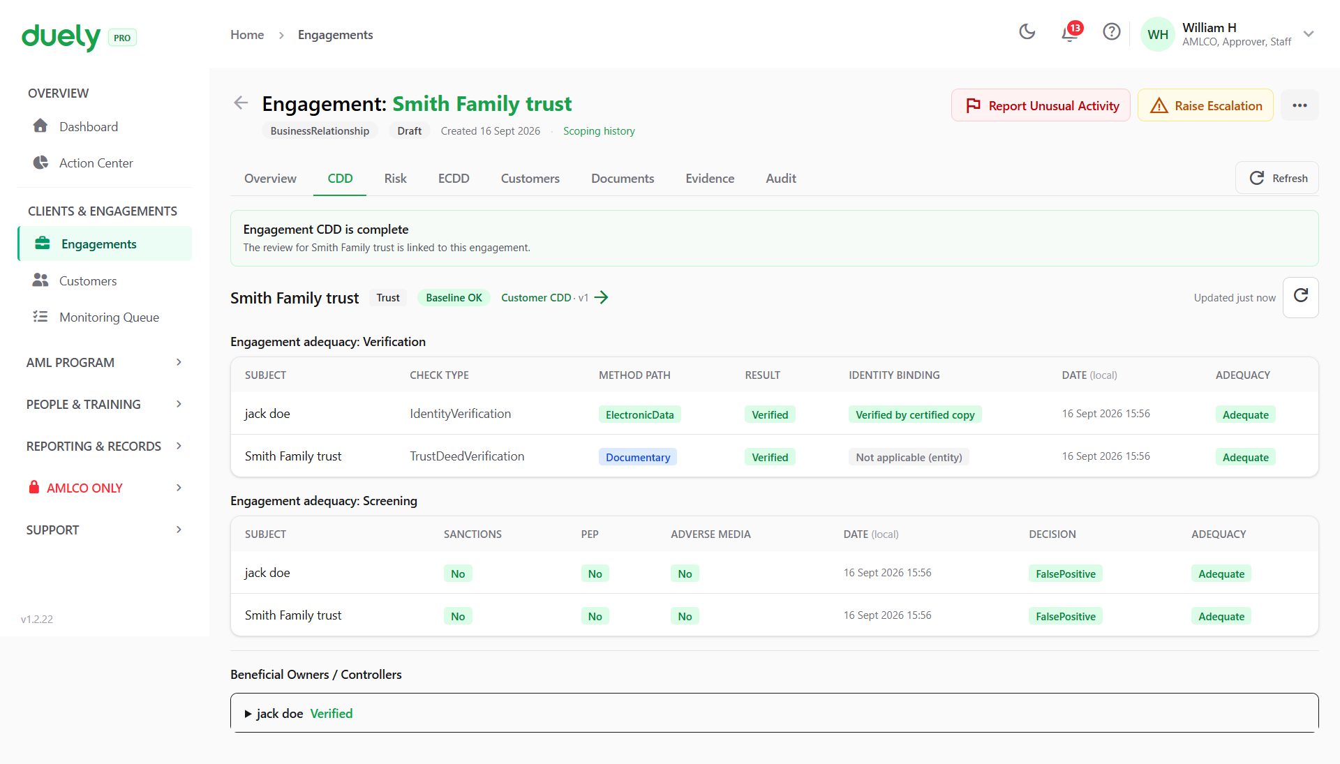 The customer due diligence step on a matter, showing the identification and verification items and their recorded outcomes.