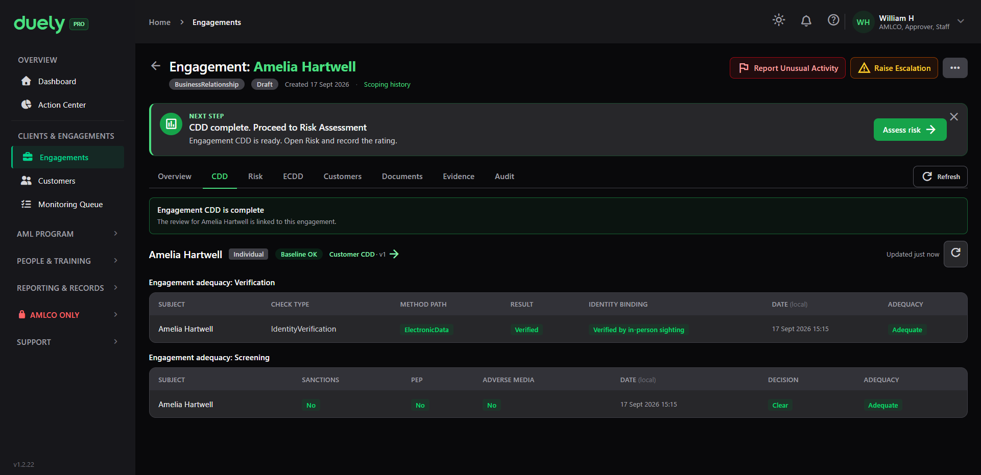 The CDD tab, with the linked customer review shown as complete.