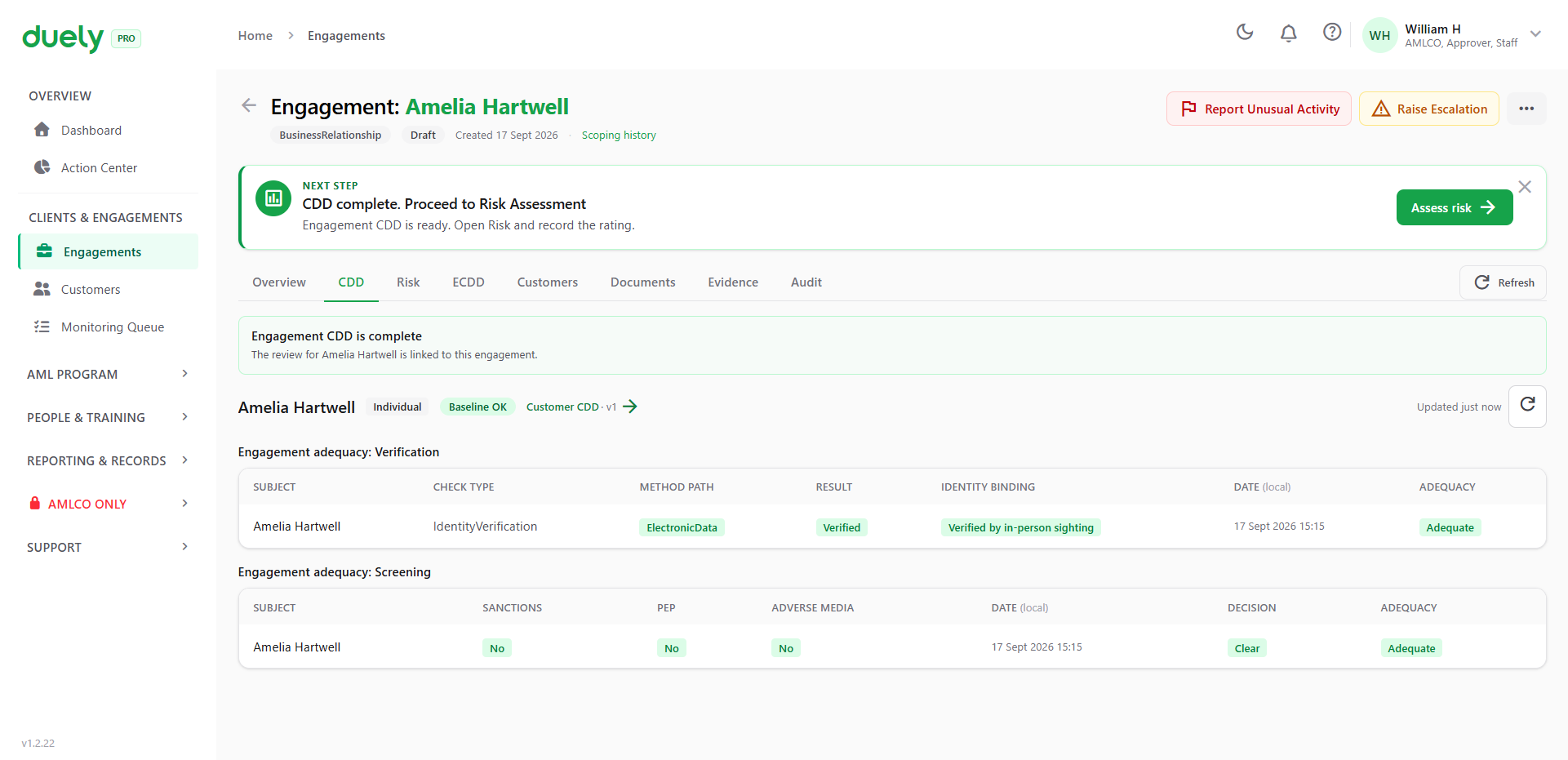 The CDD tab, with the linked customer review shown as complete.
