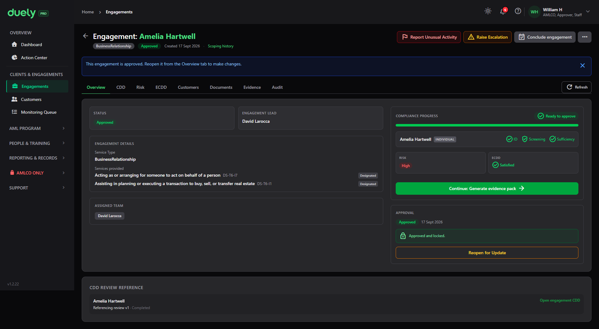 The Overview tab on an approved engagement.
