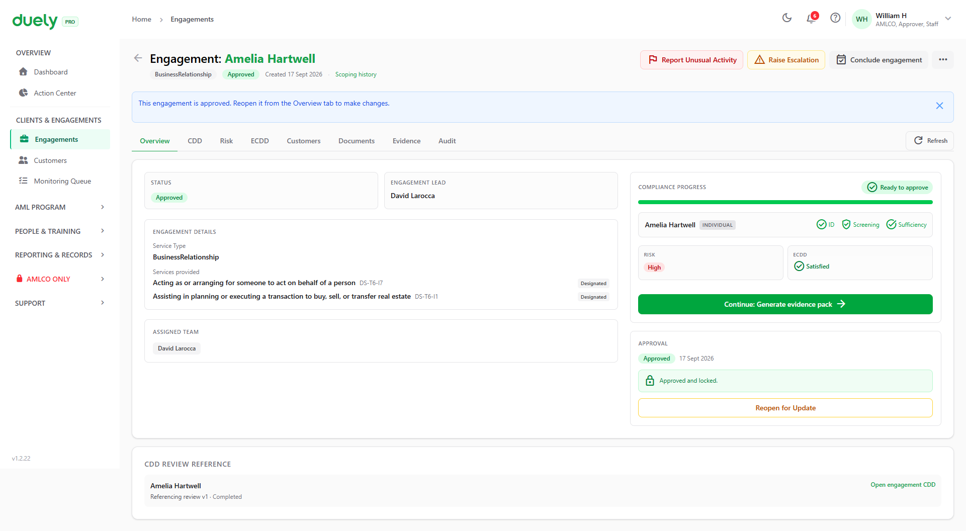 The Overview tab on an approved engagement.