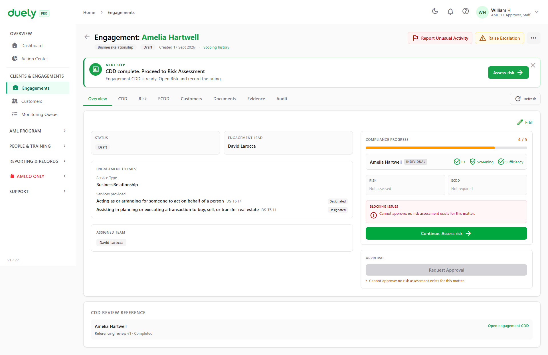 The Overview tab on a new draft engagement.