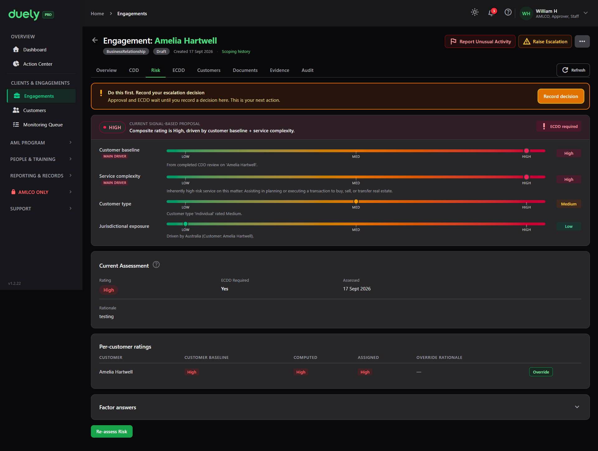 The Risk tab once the assessment is recorded.