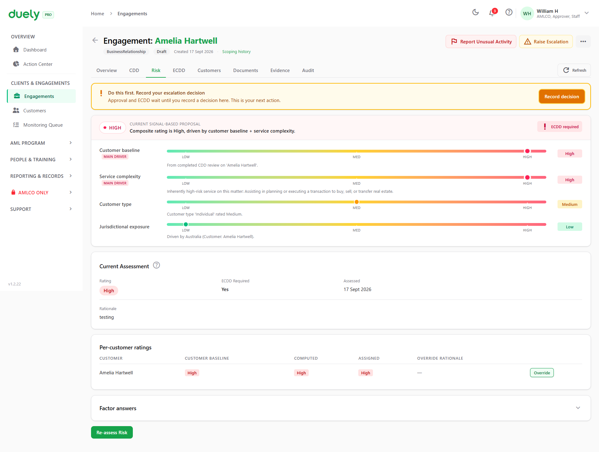 The Risk tab once the assessment is recorded.