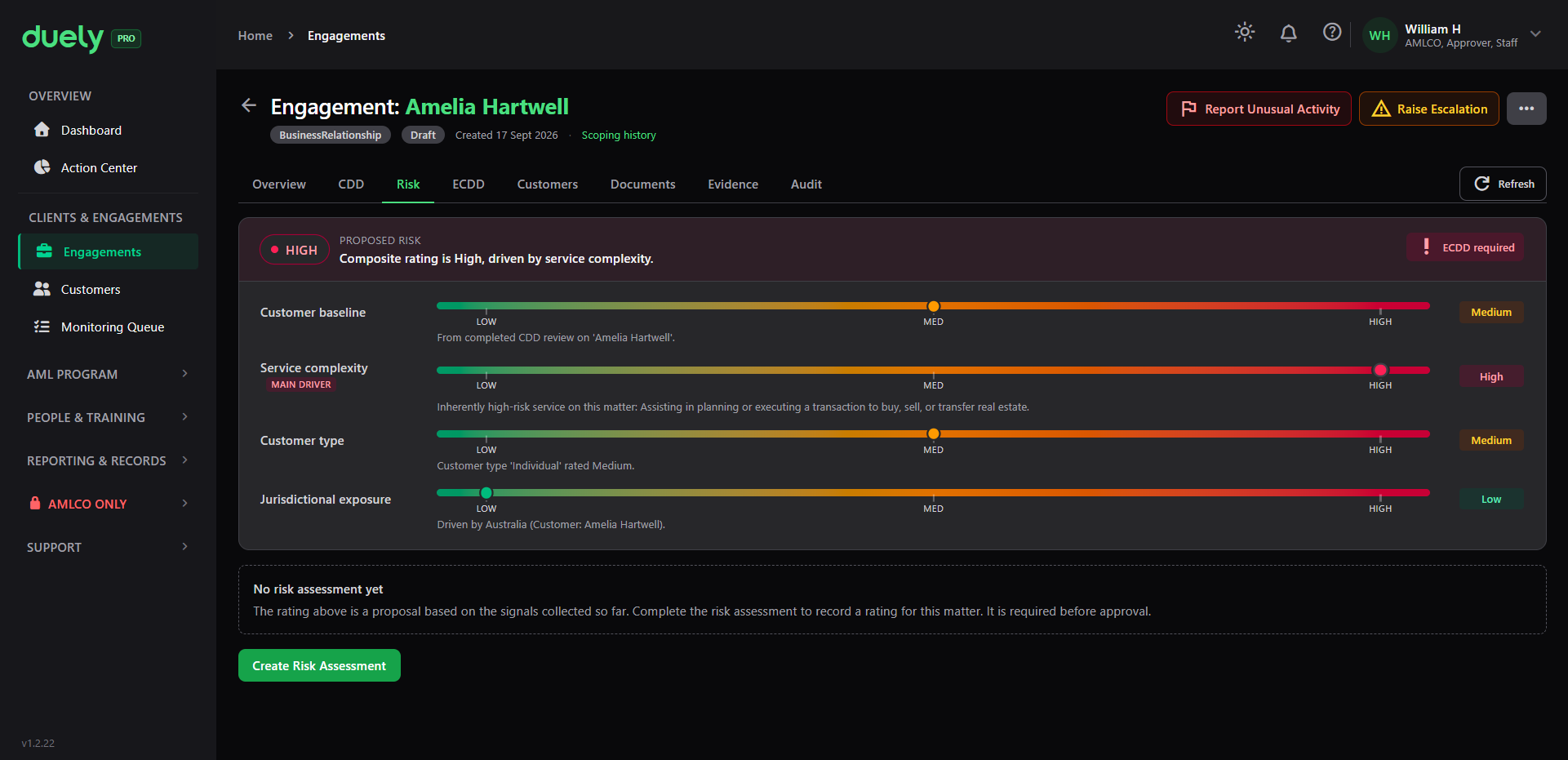 The Risk tab before an assessment exists, with a proposed rating.