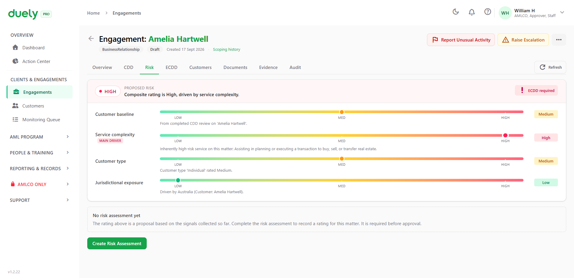 The Risk tab before an assessment exists, with a proposed rating.