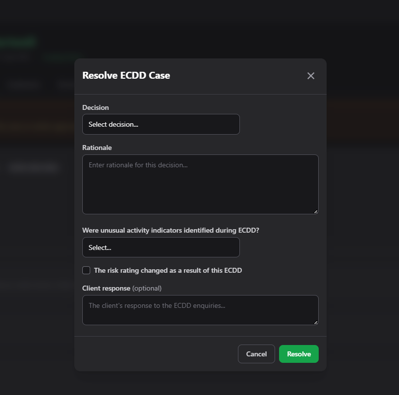 The Resolve ECDD Case dialog.