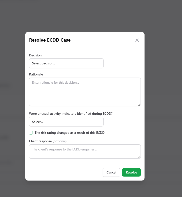 The Resolve ECDD Case dialog.