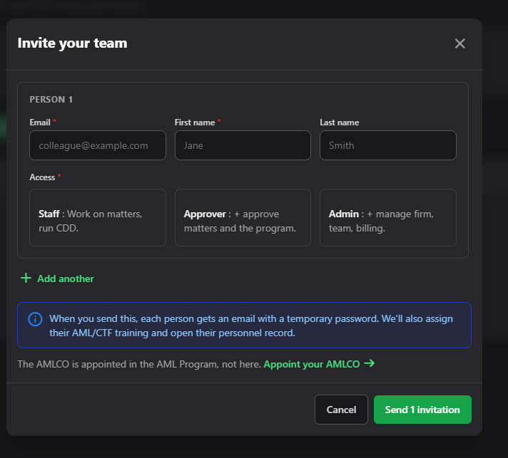 The Invite your team dialog.